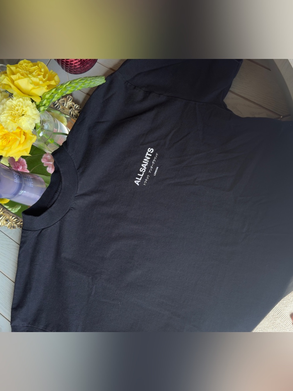 All Saints Black Crewneck T-Shirt with White Logo